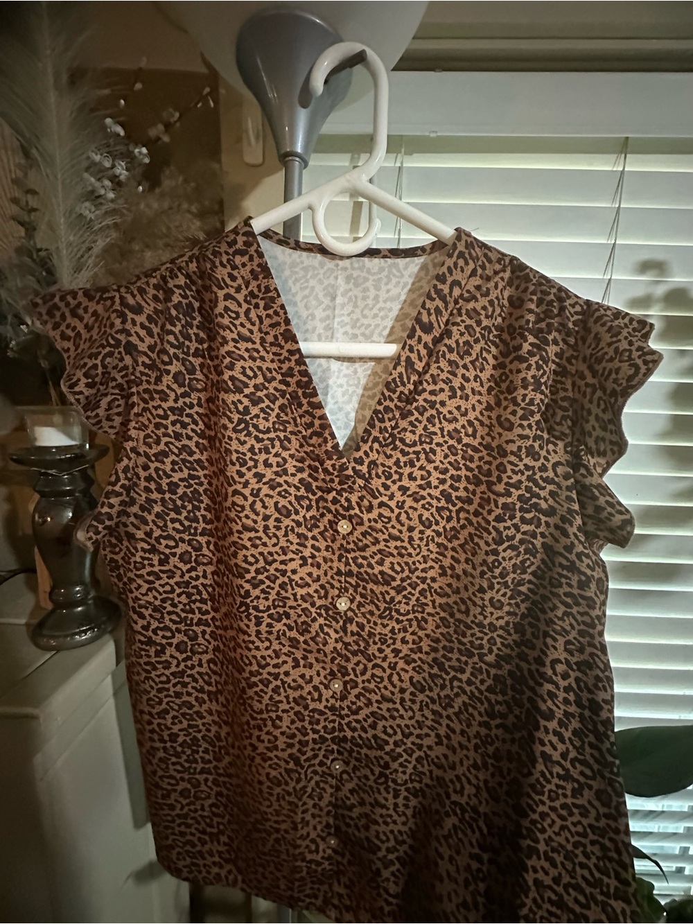 SHEIN Brown Leopard Print V-Neck Flutter Sleeve Blouse
